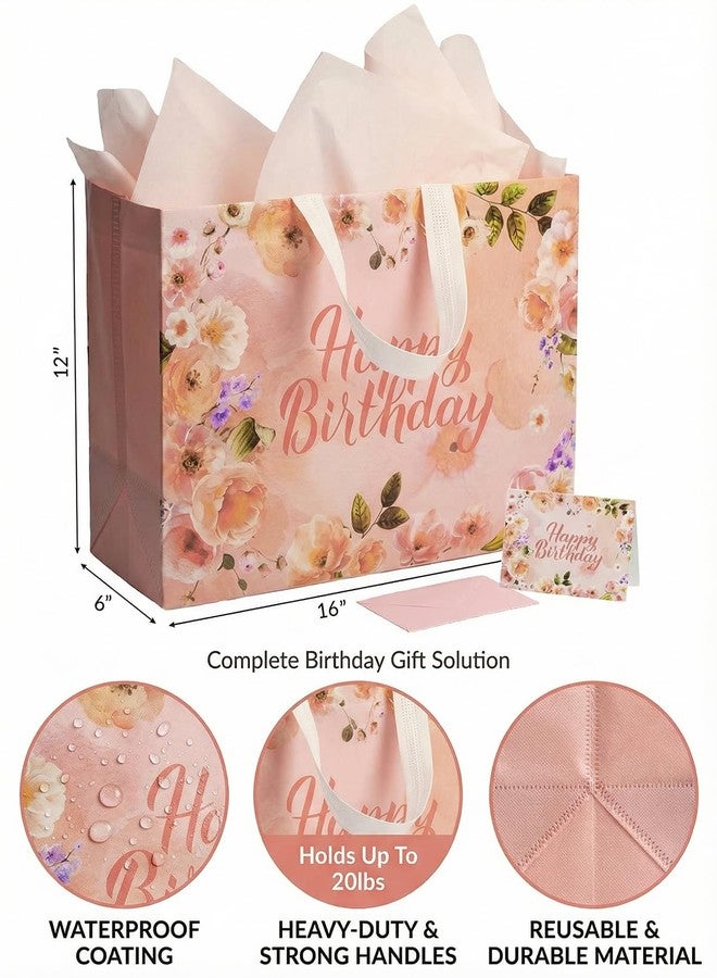 GFInYHM 16" Extra Large Birthday Gift Bags for Women, Reusable Non-Woven Jumbo Tote with Tissue Paper & Card, Waterproof Heavy Duty Floral Bag for Mom Wife (Champagne - Image 3
