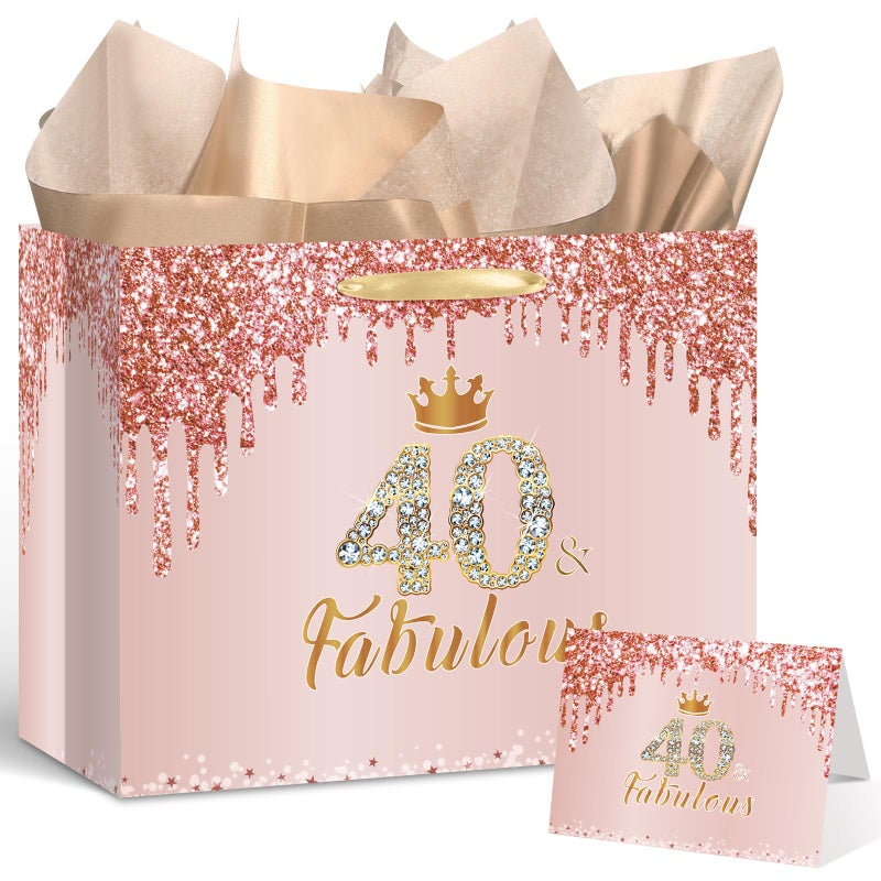 Yoirrat Rose Gold 40 and Fabulous 40th Birthday Gift Bag for Women Large Pink Happy 40th Birthday Gift Bag with Wrapping Paper and Card for 40th Forty Bday Decorations Party Supplies - Image 1