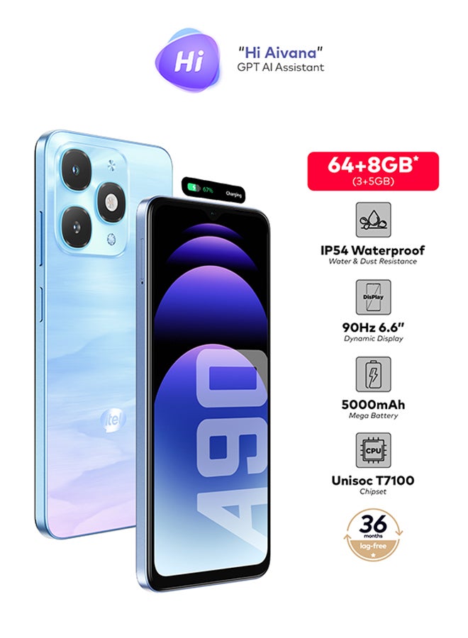 إيتيل A90 ثنائي الشريحة أروى زرقاء 3+5 جيجابايت رام 64 جيجابايت 4G - نسخة الشرق الأوسط - Image 2