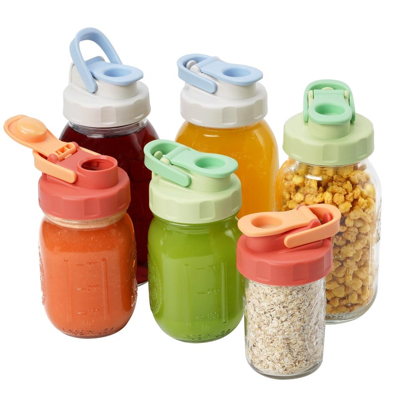 Soligt 6 Pack Colorful Mason Jar Lids, Regular Mouth Pour Spout Flip Cap Lids for Ball Brand Mason Jars, Leakproof, Portable & Refrigerator Safe (2 Gray Blue Lid, 2 Light Green, 2 Watermelon Red) - Image 1