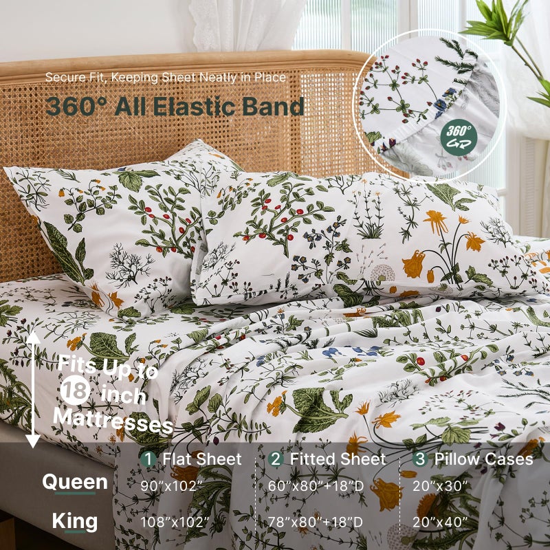 Cozaline 100% Cotton Sheet Set King Size â€“ 4-Piece Vintage Green Floral Bedding Set, Soft Breathable Percale Weave, Deep Pocket Fitted Sheet 17.5", Crisp Cool Feel, Refined Botanical Elegance - Image 4