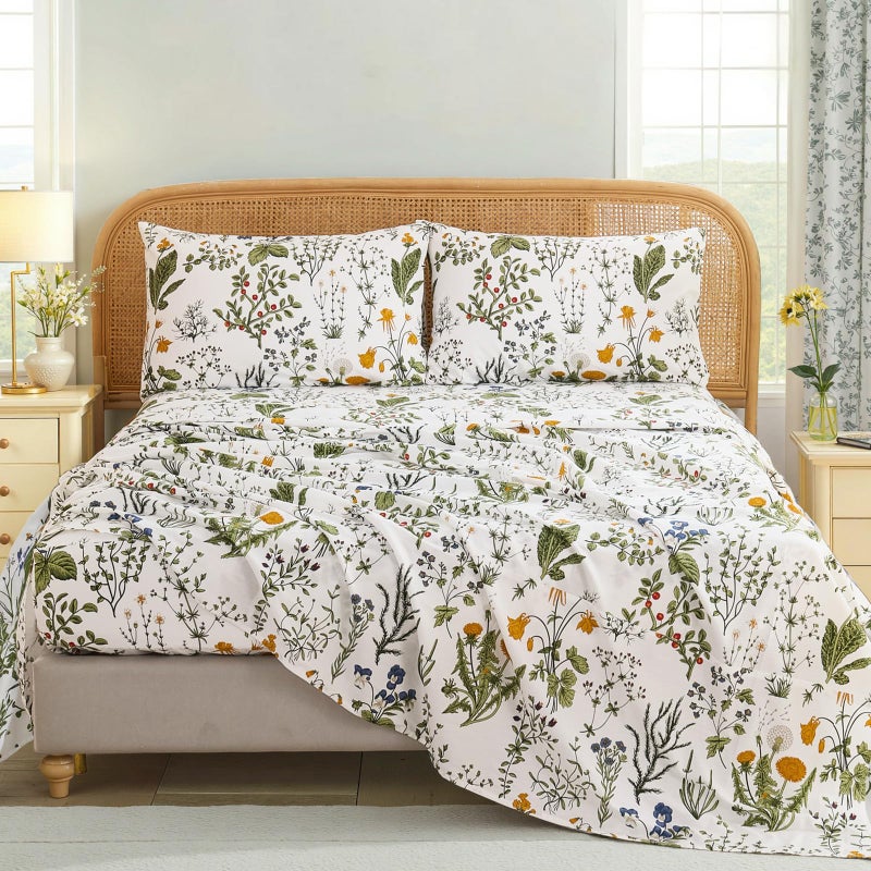 Cozaline 100% Cotton Sheet Set King Size â€“ 4-Piece Vintage Green Floral Bedding Set, Soft Breathable Percale Weave, Deep Pocket Fitted Sheet 17.5", Crisp Cool Feel, Refined Botanical Elegance - Image 1