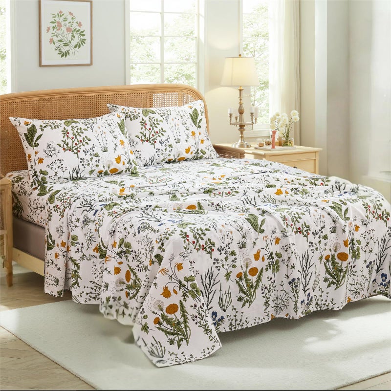 Cozaline 100% Cotton Sheet Set King Size â€“ 4-Piece Vintage Green Floral Bedding Set, Soft Breathable Percale Weave, Deep Pocket Fitted Sheet 17.5", Crisp Cool Feel, Refined Botanical Elegance - Image 2