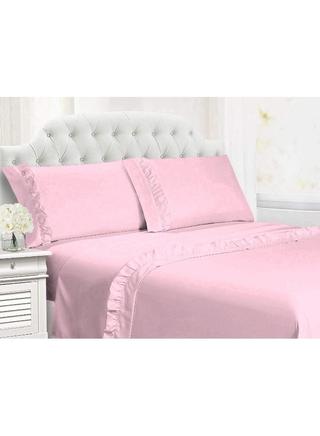 Craft Bedding 4 Piece Ruffle Sheet Set, 2 Inch Ruffle On The Top Hem of The Flat Sheet and Pillowcases, 15 Inch Deep Pocket, 100% Cotton, 1000 Thread Count - Twin XL Size, Solid Pink  - Image 1