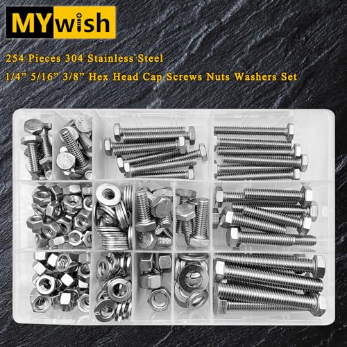 Mywish 254Pcs Nuts and Bolts, 1/4 20 5/16 18 3/8 16 Bolt, Heavy Duty 304 Stainless Steel Bolts and Nuts Kit with Flat Spring Washers, Includes 10 Common Sizes, Fully Threaded - Image 4