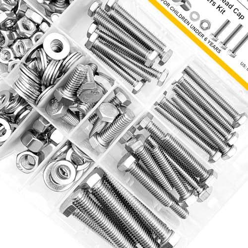 Mywish 254Pcs Nuts and Bolts, 1/4 20 5/16 18 3/8 16 Bolt, Heavy Duty 304 Stainless Steel Bolts and Nuts Kit with Flat Spring Washers, Includes 10 Common Sizes, Fully Threaded - Image 2