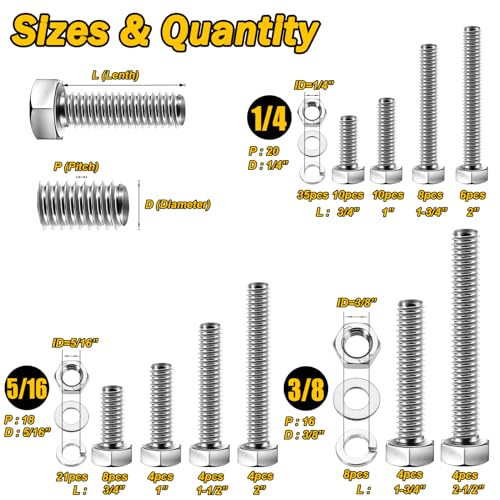 Mywish 254Pcs Nuts and Bolts, 1/4 20 5/16 18 3/8 16 Bolt, Heavy Duty 304 Stainless Steel Bolts and Nuts Kit with Flat Spring Washers, Includes 10 Common Sizes, Fully Threaded - Image 5