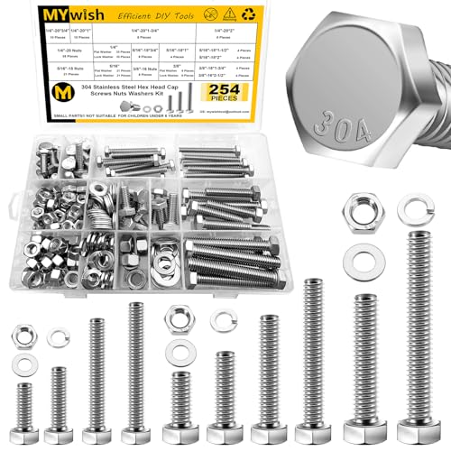 Mywish 254Pcs Nuts and Bolts, 1/4 20 5/16 18 3/8 16 Bolt, Heavy Duty 304 Stainless Steel Bolts and Nuts Kit with Flat Spring Washers, Includes 10 Common Sizes, Fully Threaded - Image 1