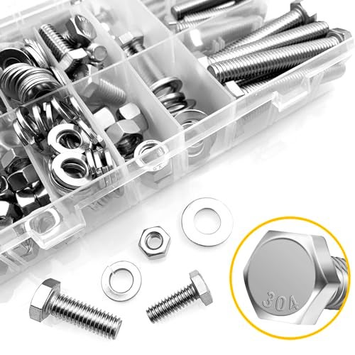 Mywish 254Pcs Nuts and Bolts, 1/4 20 5/16 18 3/8 16 Bolt, Heavy Duty 304 Stainless Steel Bolts and Nuts Kit with Flat Spring Washers, Includes 10 Common Sizes, Fully Threaded - Image 3