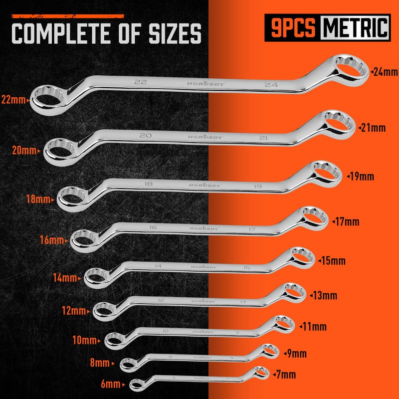HORUSDY 9-Pieces Metric Offset Box Wrench Set with Rolling Pouch, 50-Degree, Metric 6-24mm, CR-V Steel - Image 2
