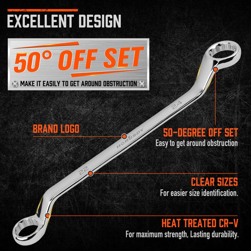 HORUSDY 9-Pieces Metric Offset Box Wrench Set with Rolling Pouch, 50-Degree, Metric 6-24mm, CR-V Steel - Image 4