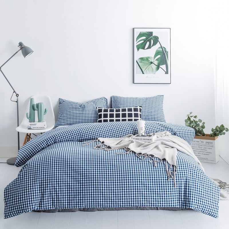 SUSYBAO Royal Blue Gingham Duvet Cover King 100% Washed Cotton Blue Plaid Duvet Cover 3 Pcs Set 1 Vintage Grid Checkered Duvet Cover with Zipper Ties 2 Pillowcases Blue White Gingham Bedding Set King Royal Blue Gingham