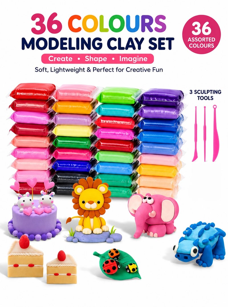 O2. Pack of 36 Assorted Colour Air-Dry Modeling Clay Set for Kids and Adults, Soft Lightweight Non-Sticky Moulding Clay with 3 Sculpting Tools for DIY Crafts, School Projects and Creative Play - Image 1