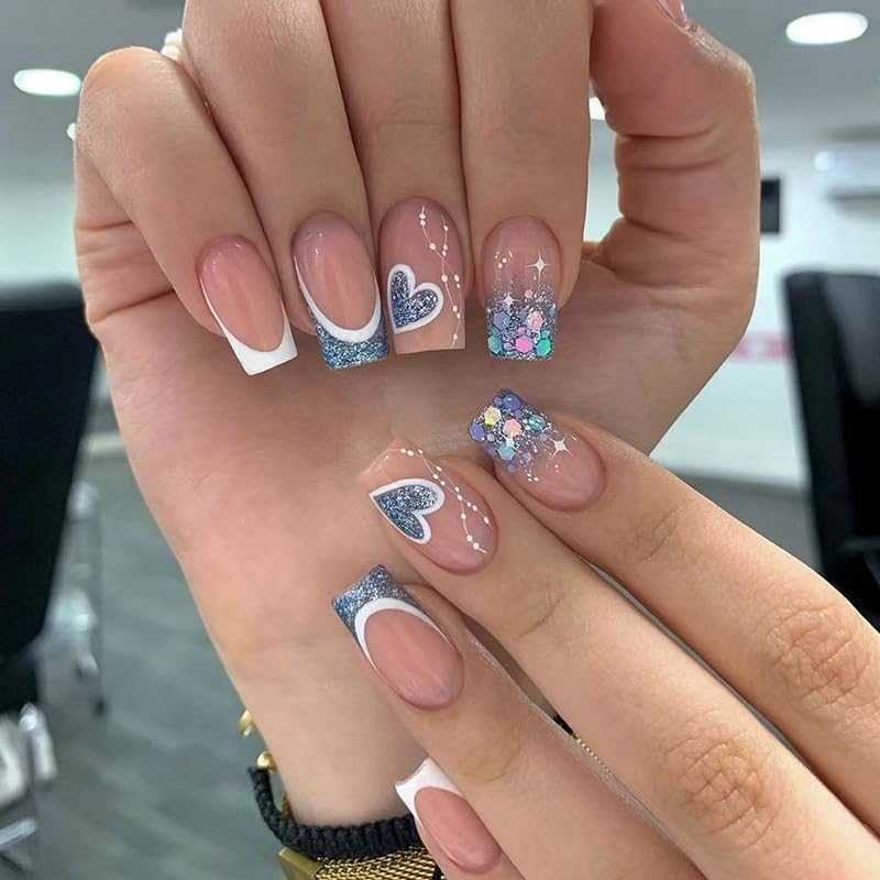 False Nails Short French Stick On Square Blue Press On Nails 24pcs With Glue Elegant Glitter Heart Design Sweet Fake Set for Women Girls Blue Heart