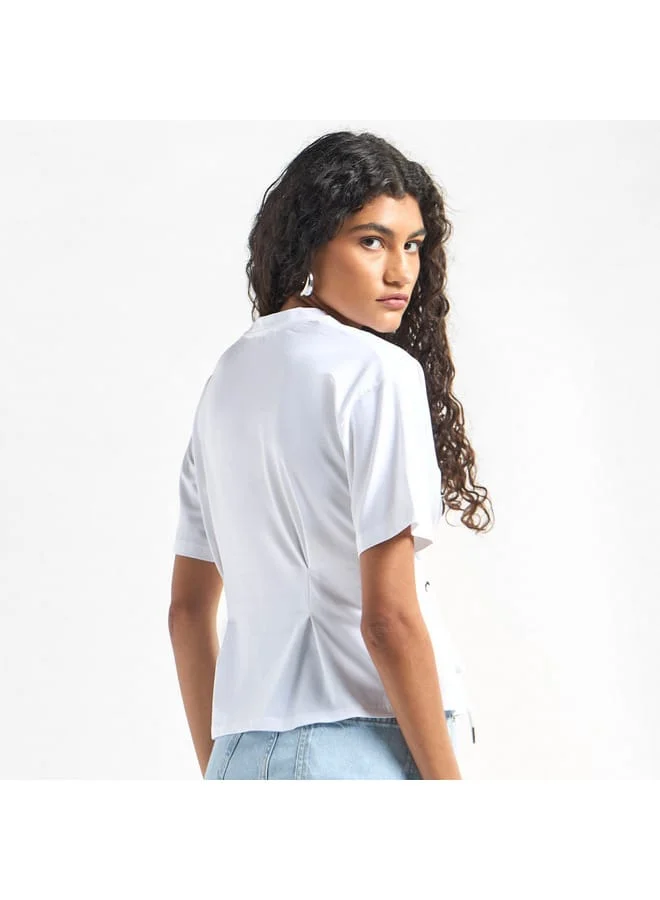 Splash FAV Solid Pleated Top with Short Sleeves and Crew Neck