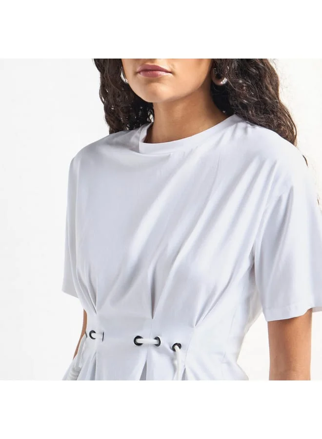 Splash FAV Solid Pleated Top with Short Sleeves and Crew Neck