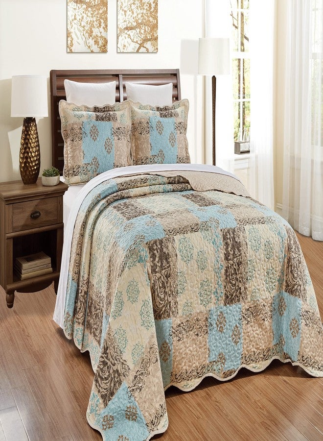 Masterplay 3-Piece Fine Printed Oversize (100''x95'') Quilt Set, Bedspread Coverlet Queen Size Bed Cover (Light Blue, Beige, Brown Floral), Oversize Queen - Image 2