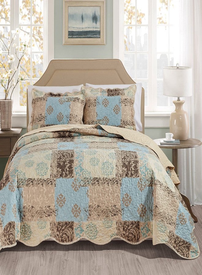 Masterplay 3-Piece Fine Printed Oversize (100''x95'') Quilt Set, Bedspread Coverlet Queen Size Bed Cover (Light Blue, Beige, Brown Floral), Oversize Queen - Image 1