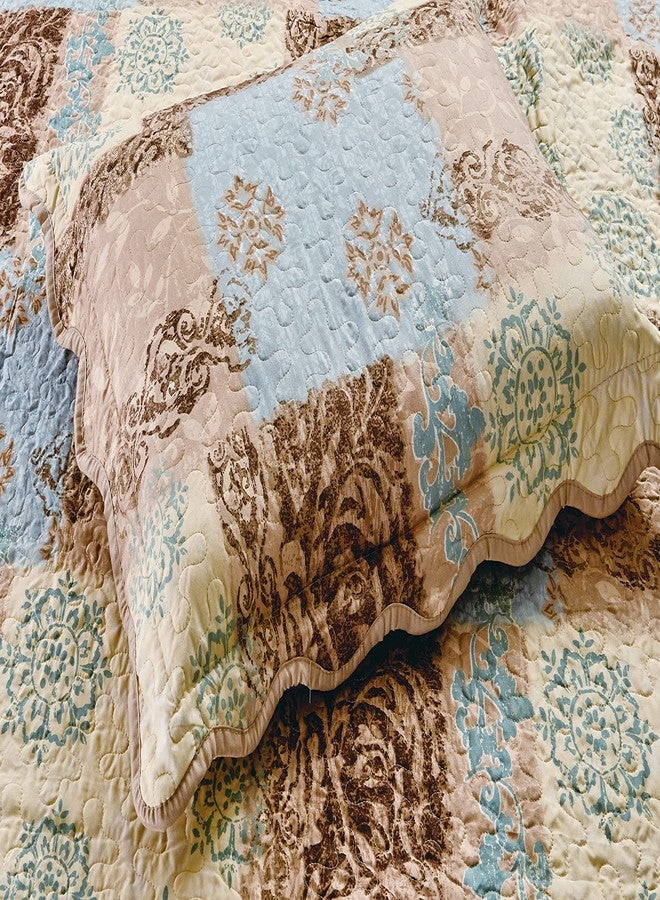Masterplay 3-Piece Fine Printed Oversize (100''x95'') Quilt Set, Bedspread Coverlet Queen Size Bed Cover (Light Blue, Beige, Brown Floral), Oversize Queen - Image 3