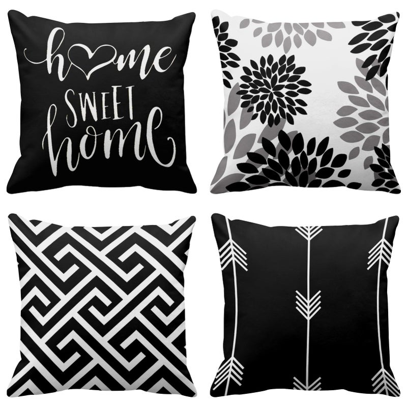 Emvency Set of 4 Throw Pillow Covers Modern Abstract Geometry Black White and Grey Words Sweet Floral Arrow Decorative Pillow Cases Home Decor Standard Square 18x18 Inches Pillowcases