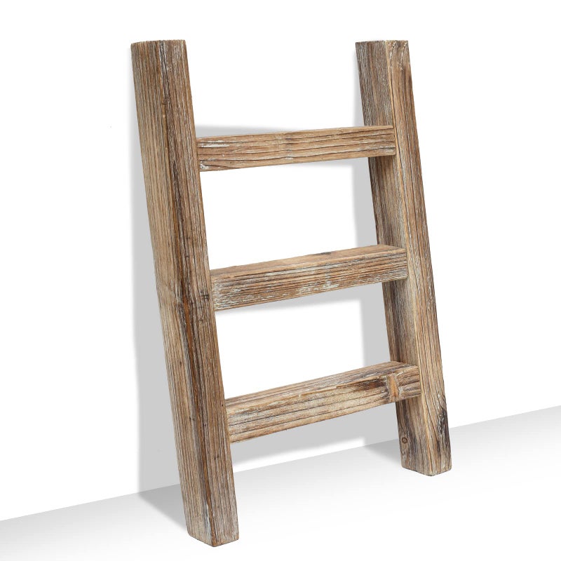 FUIN Wooden Tea Towel Ladder, Mini Ladder Towel Rack Display Hanger, Small Rustic Farmhouse Tea Towel Stand Holder for Country Bathroom Decor, Burnt Brown - Image 1