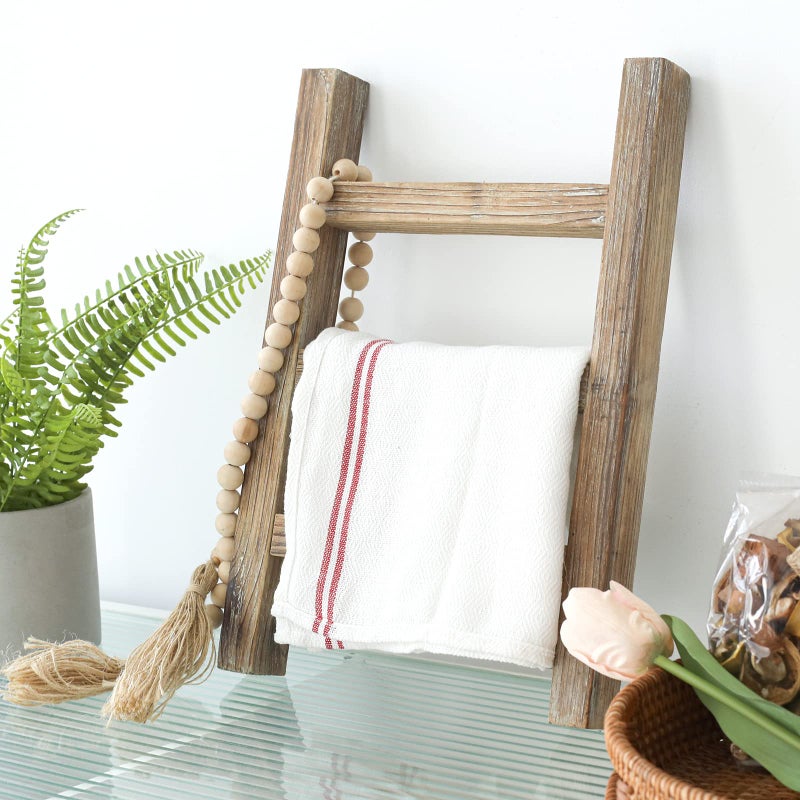 FUIN Wooden Tea Towel Ladder, Mini Ladder Towel Rack Display Hanger, Small Rustic Farmhouse Tea Towel Stand Holder for Country Bathroom Decor, Burnt Brown - Image 3