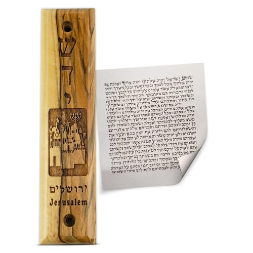 Logos Trading Post Olive Wood Mezuzah with Scroll, Shaddai & Jerusalem City, Made in Israel, Religious Home Décor for Door & Wall, Includes Parchment Prayer Scroll, Jewish & Messianic House Wall Art - Image 1