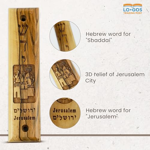 Logos Trading Post Olive Wood Mezuzah with Scroll, Shaddai & Jerusalem City, Made in Israel, Religious Home Décor for Door & Wall, Includes Parchment Prayer Scroll, Jewish & Messianic House Wall Art - Image 4