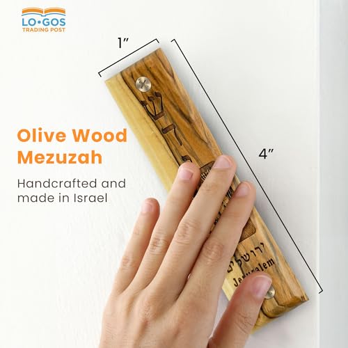 Logos Trading Post Olive Wood Mezuzah with Scroll, Shaddai & Jerusalem City, Made in Israel, Religious Home Décor for Door & Wall, Includes Parchment Prayer Scroll, Jewish & Messianic House Wall Art - Image 2