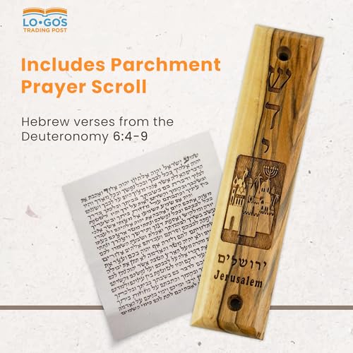 Logos Trading Post Olive Wood Mezuzah with Scroll, Shaddai & Jerusalem City, Made in Israel, Religious Home Décor for Door & Wall, Includes Parchment Prayer Scroll, Jewish & Messianic House Wall Art - Image 3
