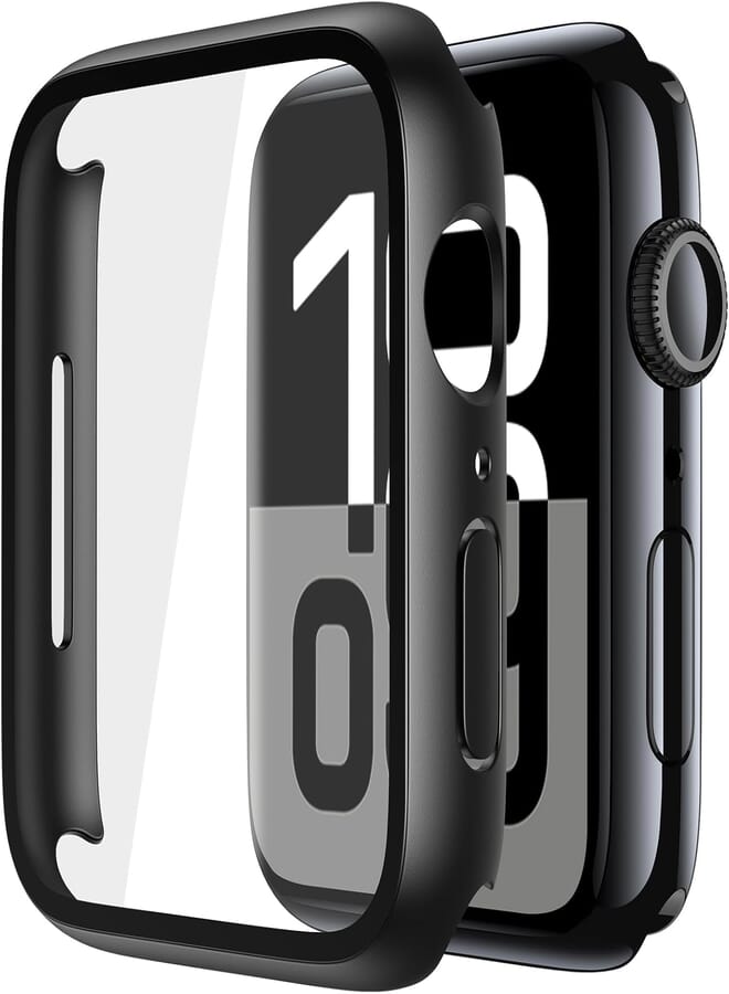 Misxi Pack of 2 Hard PC Cases Made of Tempered Glass with Screen Protector for Apple Watch Series 10 (2024) 46 mm, Scratch-Resistant Complete Protective Case for iWatch, Textured Black