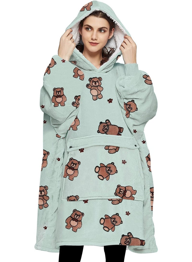Ladies Adult Wearable Gray Green Oversized Cartoon Bear Pattern Blanket With Pockets Hoodie  - Image 1