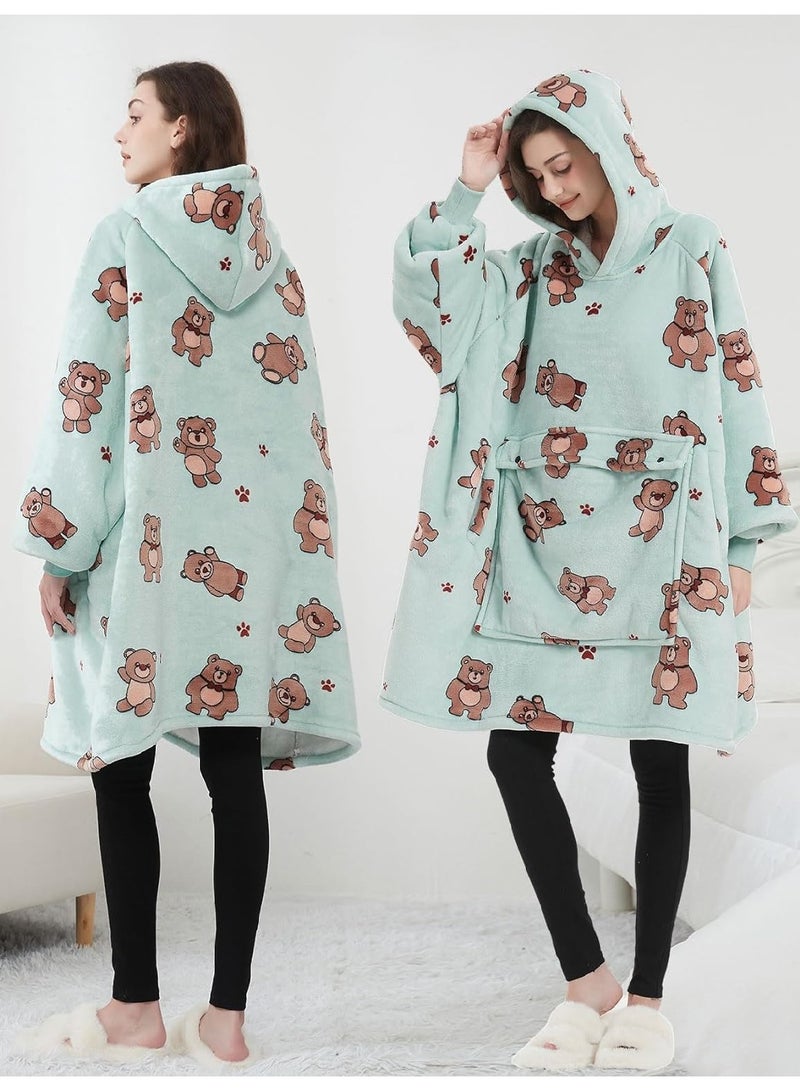 Ladies Adult Wearable Gray Green Oversized Cartoon Bear Pattern Blanket With Pockets Hoodie  - Image 3