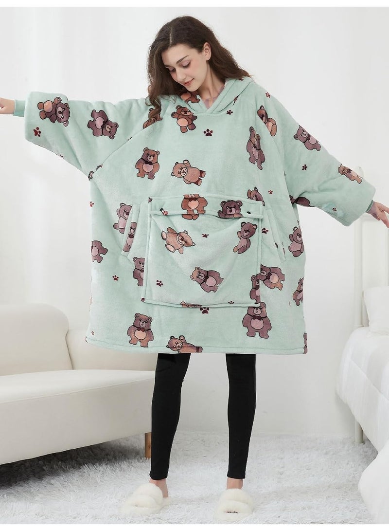 Ladies Adult Wearable Gray Green Oversized Cartoon Bear Pattern Blanket With Pockets Hoodie  - Image 4