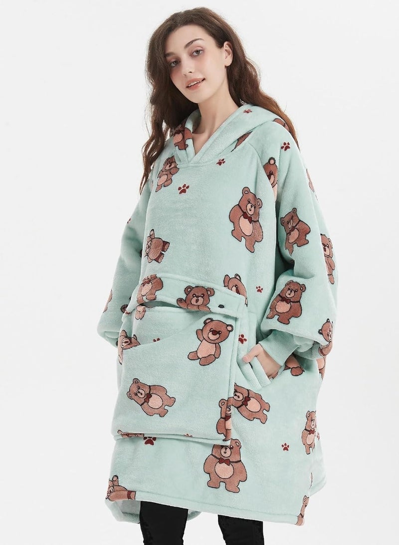 Ladies Adult Wearable Gray Green Oversized Cartoon Bear Pattern Blanket With Pockets Hoodie  - Image 5