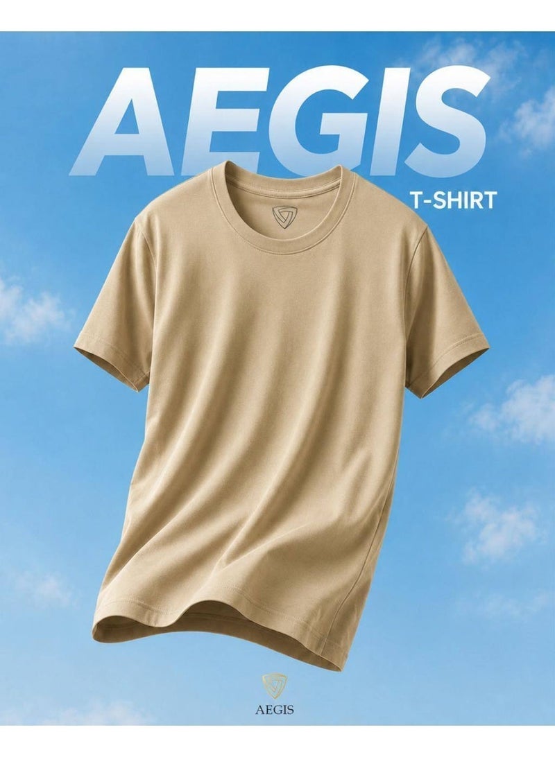 aegis store AEGIS Premium Beige Crew-Neck T-Shirt for Men – Short Sleeve, Comfortable Regular Fit - Image 4