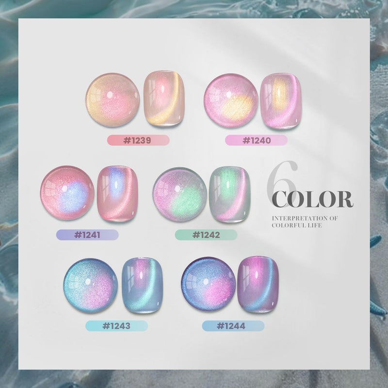 RARJSM Aurora Pearl Cat Eye Gel Nail Polish Set 6pcs Ceramic Silver Shimmer Universal Pink Green Blue Purple Orange Glitter Mermaid Swirl Shell Thread Effect with Magnet Stick Curing Requires - Image 5