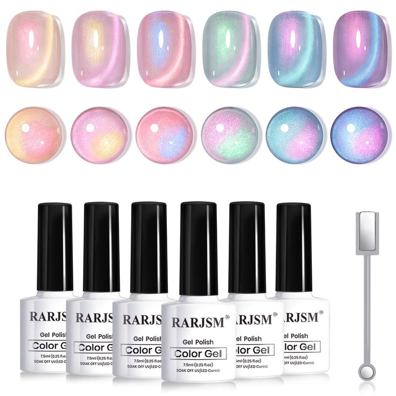 RARJSM Aurora Pearl Cat Eye Gel Nail Polish Set 6pcs Ceramic Silver Shimmer Universal Pink Green Blue Purple Orange Glitter Mermaid Swirl Shell Thread Effect with Magnet Stick Curing Requires - Image 1