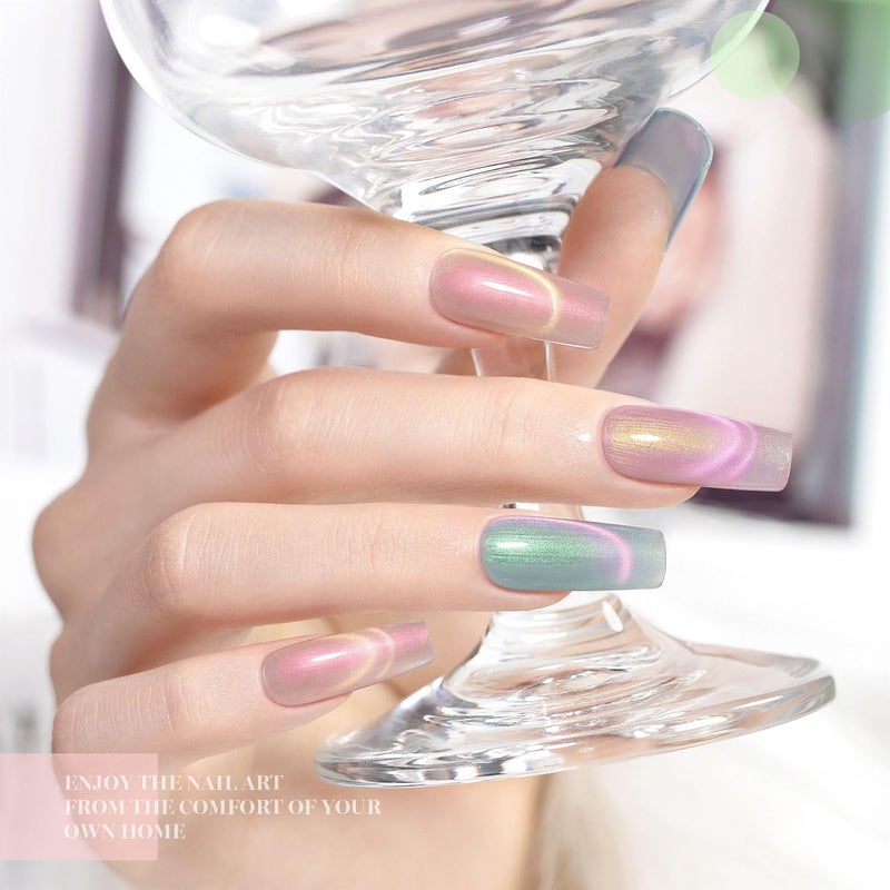 RARJSM Aurora Pearl Cat Eye Gel Nail Polish Set 6pcs Ceramic Silver Shimmer Universal Pink Green Blue Purple Orange Glitter Mermaid Swirl Shell Thread Effect with Magnet Stick Curing Requires - Image 3