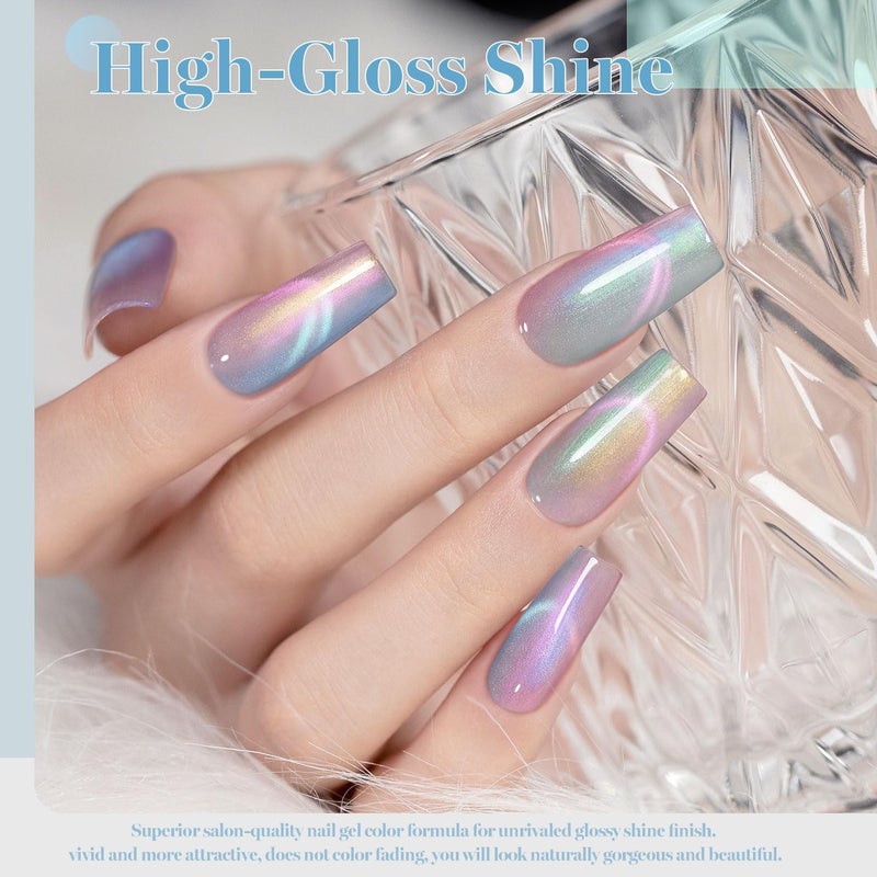 RARJSM Aurora Pearl Cat Eye Gel Nail Polish Set 6pcs Ceramic Silver Shimmer Universal Pink Green Blue Purple Orange Glitter Mermaid Swirl Shell Thread Effect with Magnet Stick Curing Requires - Image 4