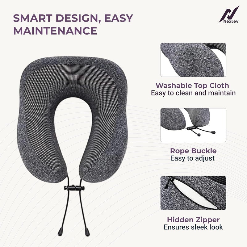 nexlev nexlev Travel Pillow 100 Pure Memory Foam Comfortable Breathable Cover Machine Washable Carry Pouch for Storage 360degree Support and Curve Design Airplane Car Home Use Dark Grey NP03  - Image 4