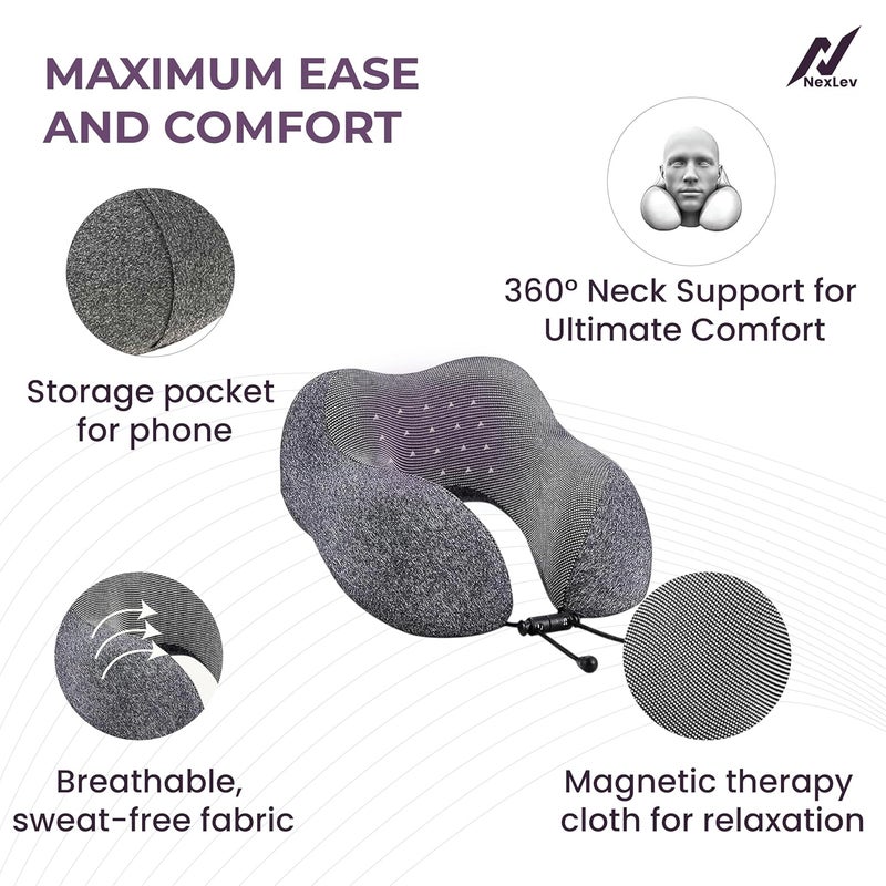 nexlev nexlev Travel Pillow 100 Pure Memory Foam Comfortable Breathable Cover Machine Washable Carry Pouch for Storage 360degree Support and Curve Design Airplane Car Home Use Dark Grey NP03  - Image 3
