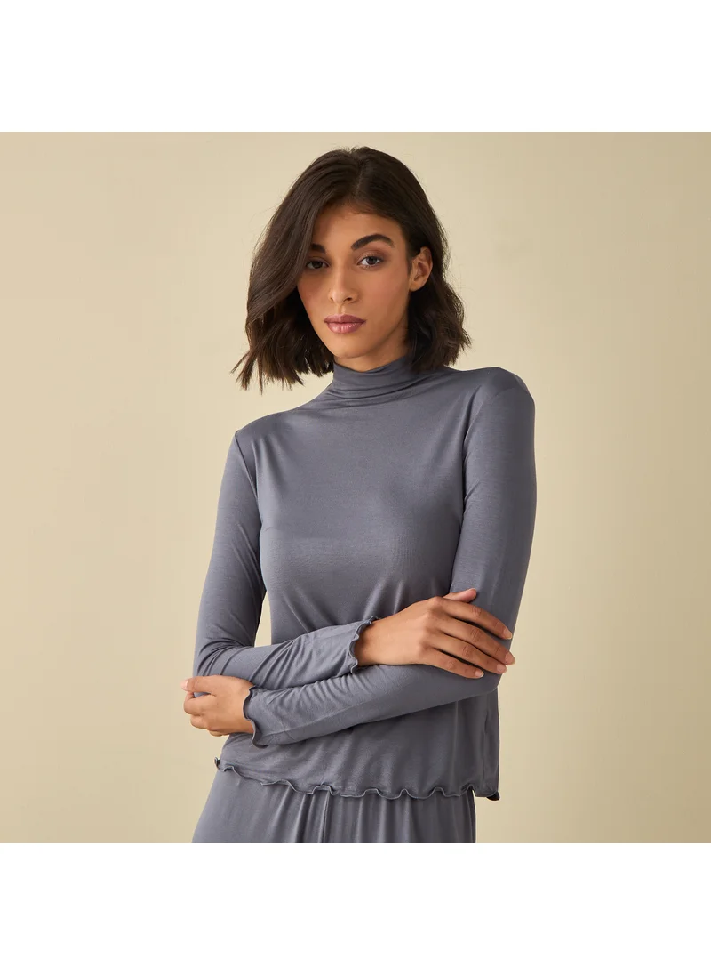 FAV High Neck Long Sleeves Top with Lettuce Hem