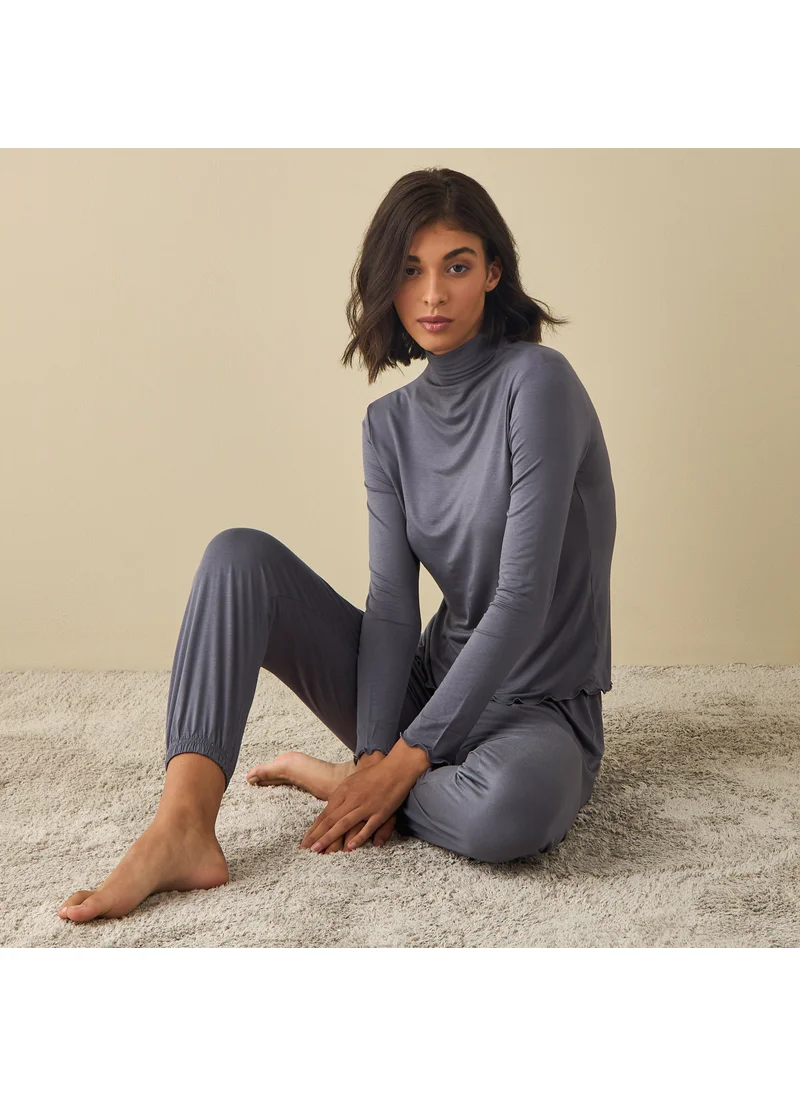FAV High Neck Long Sleeves Top with Lettuce Hem