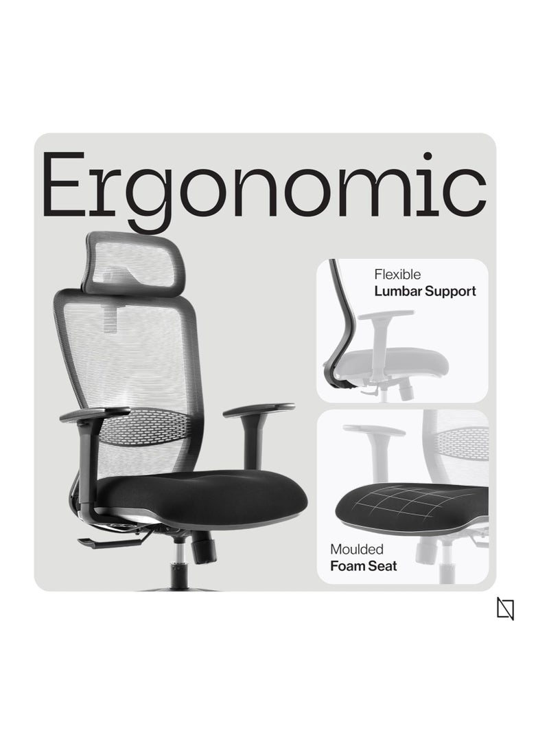 NAVODESK - NAVO Ergolite Ergonomic Office Chair High Back Desk Chair with Armrest Computer Chair with Lumbar Support and Moulded Thick Cushion With Headrest Black - Image 1
