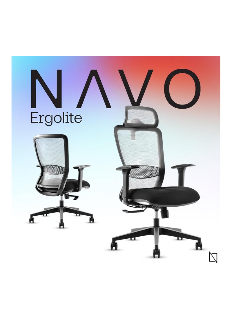 NAVODESK - NAVO Ergolite Ergonomic Office Chair High Back Desk Chair with Armrest Computer Chair with Lumbar Support and Moulded Thick Cushion With Headrest Black - Image 1