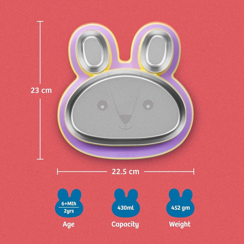Rabitat Hoppy Playte Personalized Anti Skid Stainless Steel Divided Plate Purple - 2 Years Brand Warranty | Unbreakable 3 Sections Self Feeding Training Divider Plate for Baby / Toddlers and Kids - 430ml - Image 2