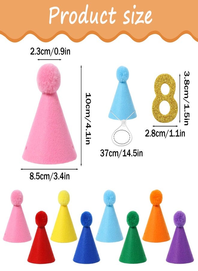 Larrel 8PCS Mini Party Hats for Stuffed Animals, Colorful Felt Birthday Party Hats, Birthday-Party Cone Hat with Replaceable Gold Numbers, Mini Cone Hat for Dolls, Dog, Cat, Rabbit and Puppies (8 Colors) - Image 2