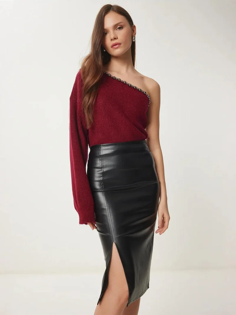 Lovely Istanbul ISTANBUL High Waist Faux Leather Midi Skirt with Slit