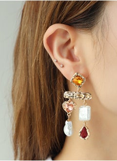 HaveDream Baroque Pearl Temperament Asymmetrical Earrings - Red, Yellow, Pink Glass Diamonds  - Image 3
